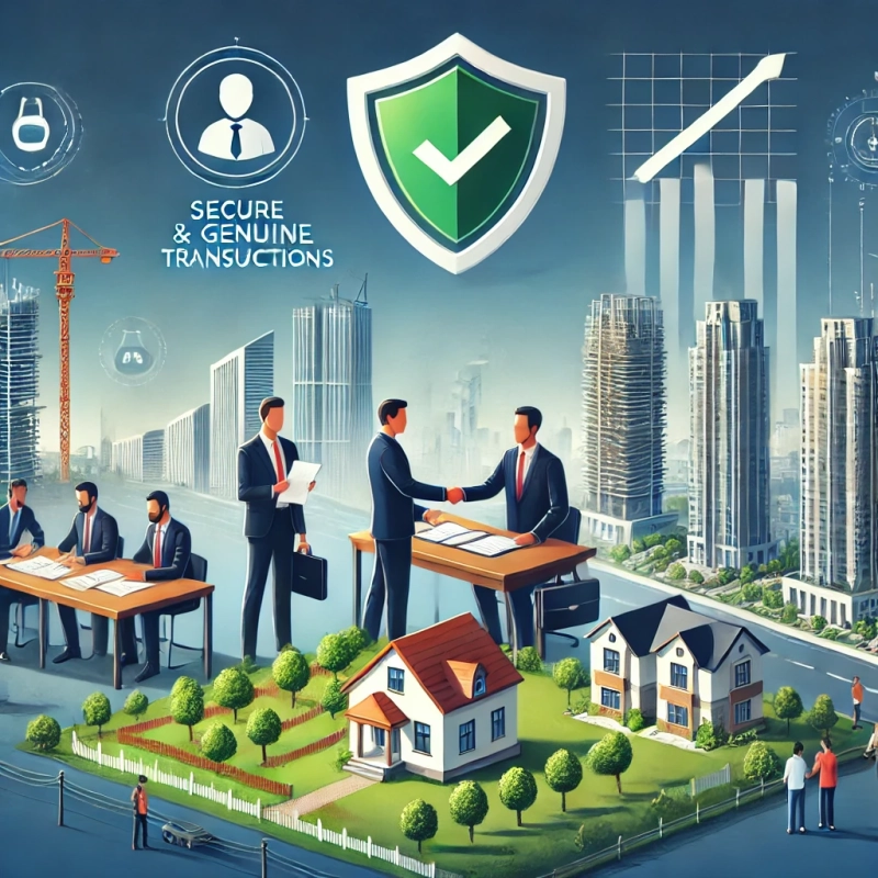 modern real estate company scene focusing on secure and genuine transactions, with plots and buildings under construction. Professionals are reviewi